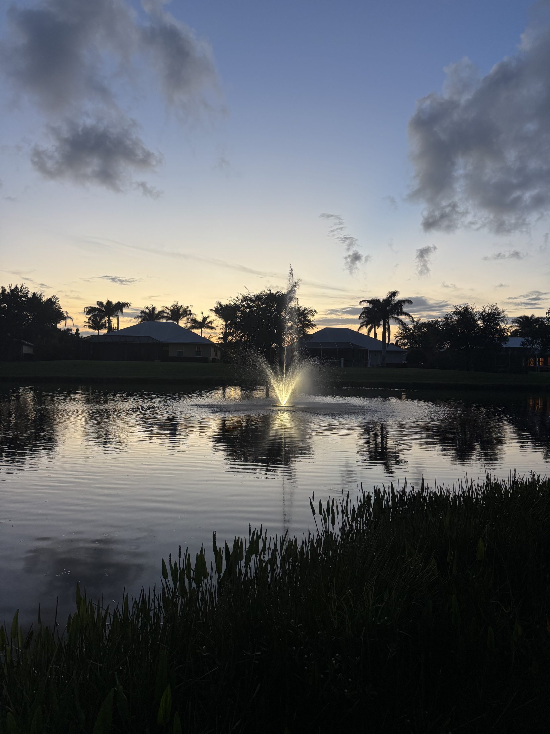 Evening view of lake and fountain at Amelia Plantation